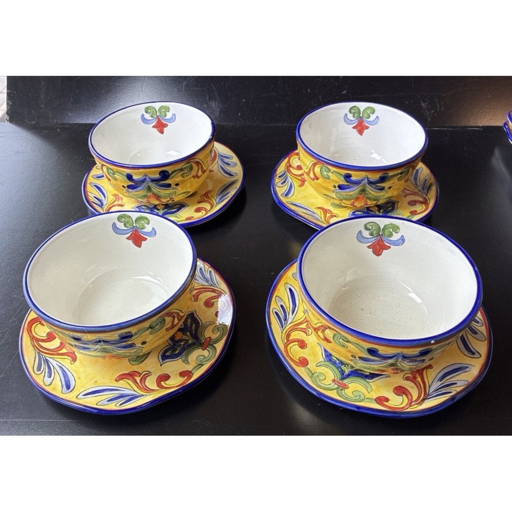 Maxcera Talavera Dinnerware 7 Pc Set Yellow w/ Blue Trim & Floral Motif (20A)